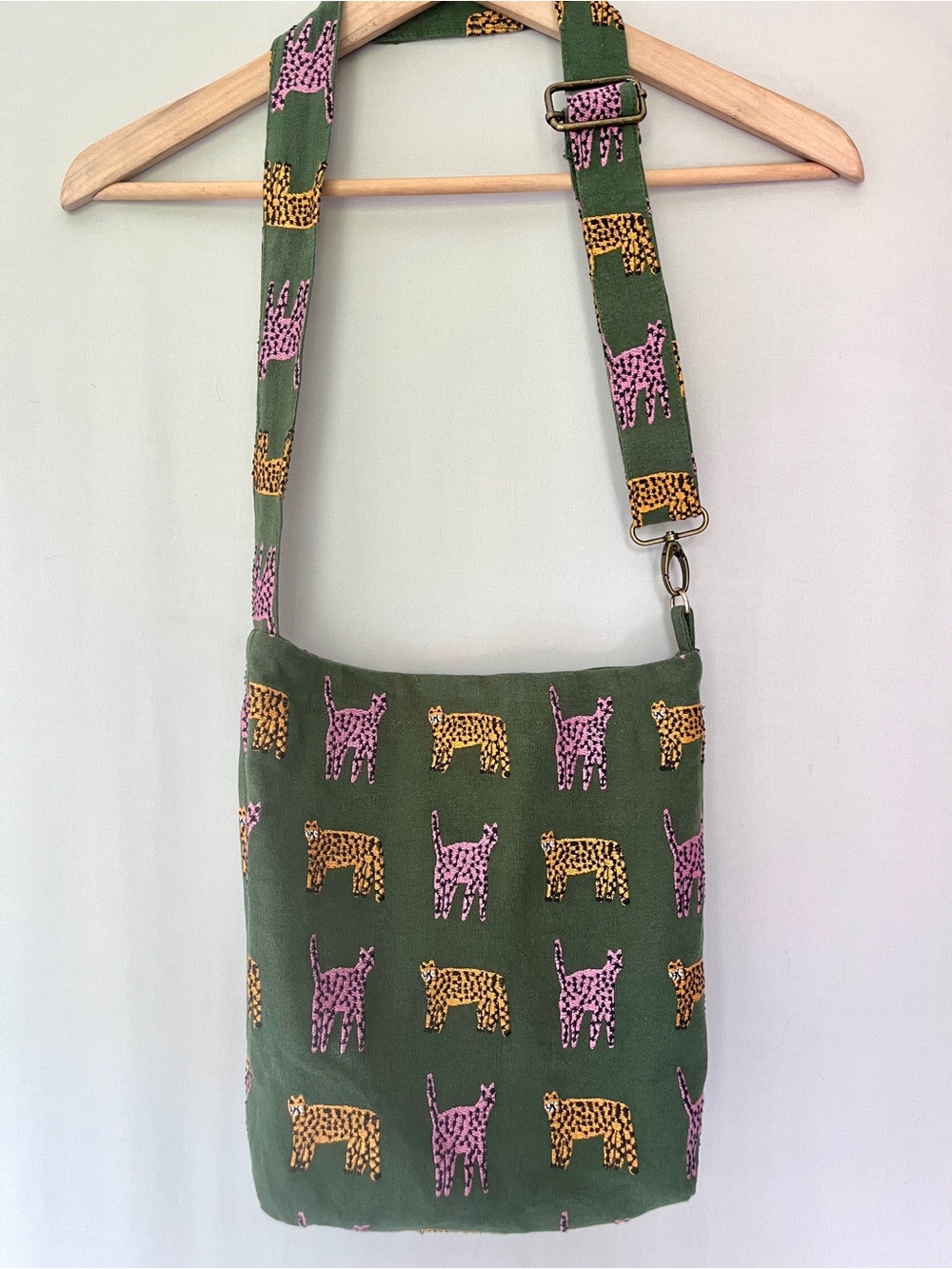Green Canvas Embroidered Leopard Crossbody Tote Bag Adjustable Strap